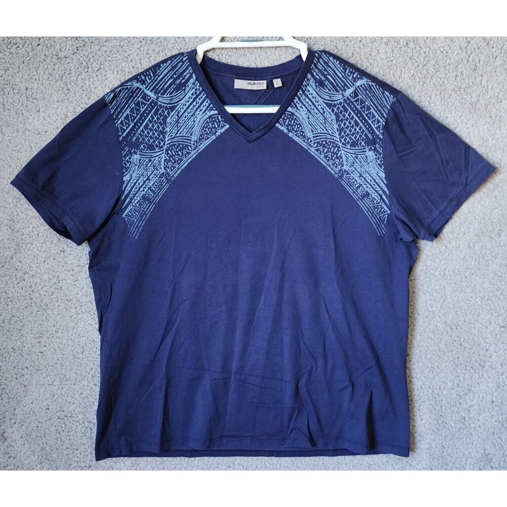 Murano Slim Fit Navy Blue Tribal Pattern V-Neck T Shirt Size XL 100% Cotton‎